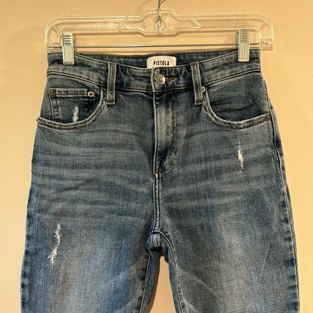 Pistola‎ Straight Leg Jeans Size 25- Distressed Medium Wash Blue Raw Hem